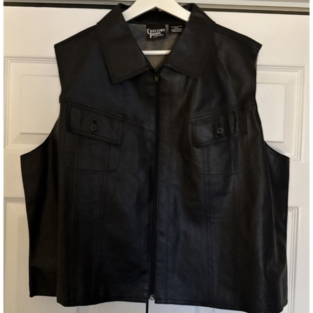 Vintage Crossing Pointe Leather Vest Black Mens Size 2XL Western‎ Biker Full Zip